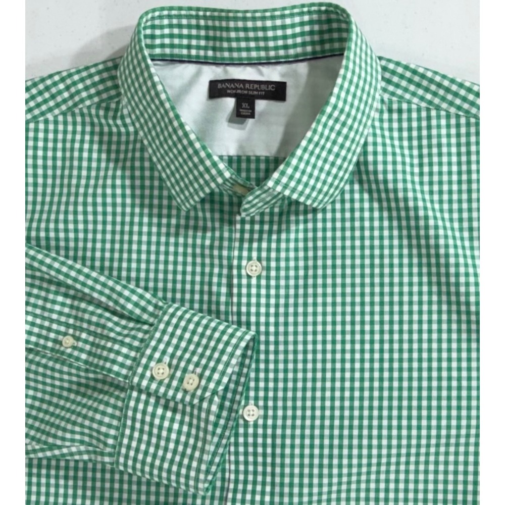 Banana Republic Button Up Shirt Green Gingham Non-Iron Slim Fit Cotton READ